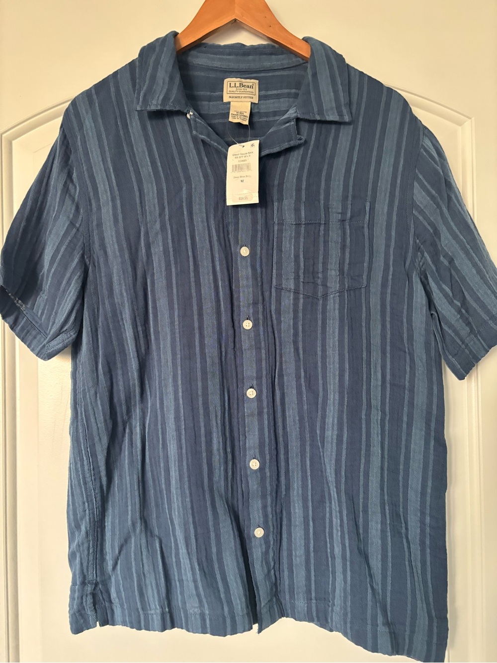 NWT L.L. Bean Men's Slightly Fitted Cloud Gauze Camp Shirt Blue Stripe